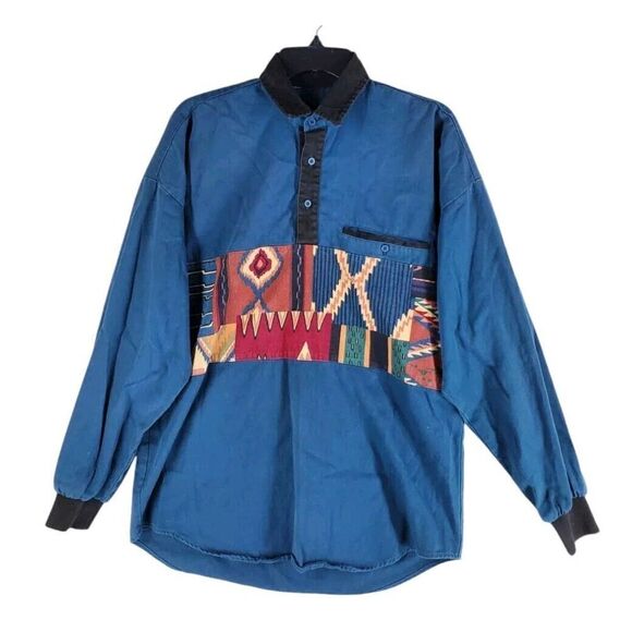 Vtg Roper Aztec Polo Pullover Shirt LS Mens XL Teal Blue Western Rodeo Boxy - Picture 3 of 9